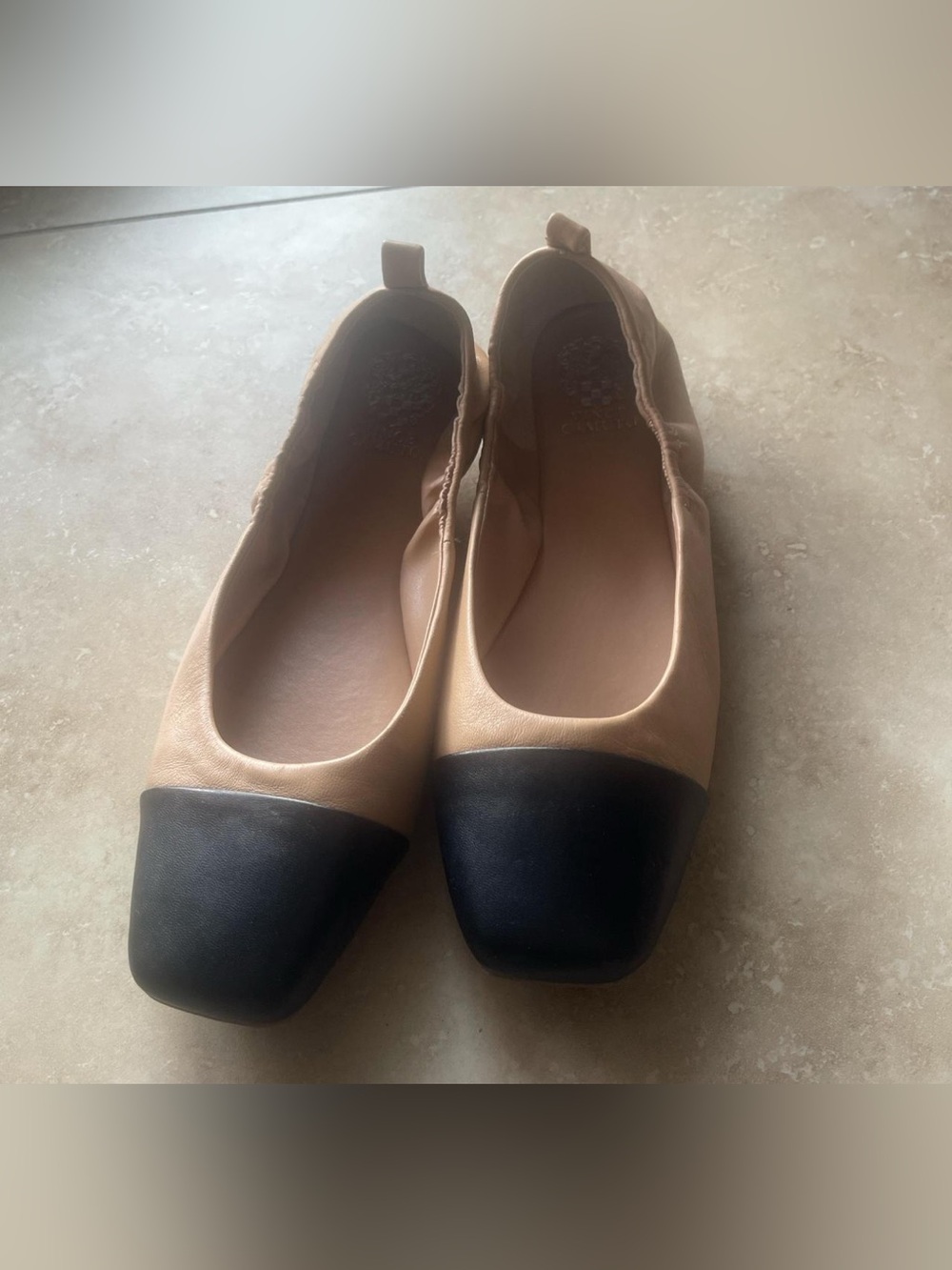 Vince Camuto Two-Tone Square-Toe Flats in Beige and Black